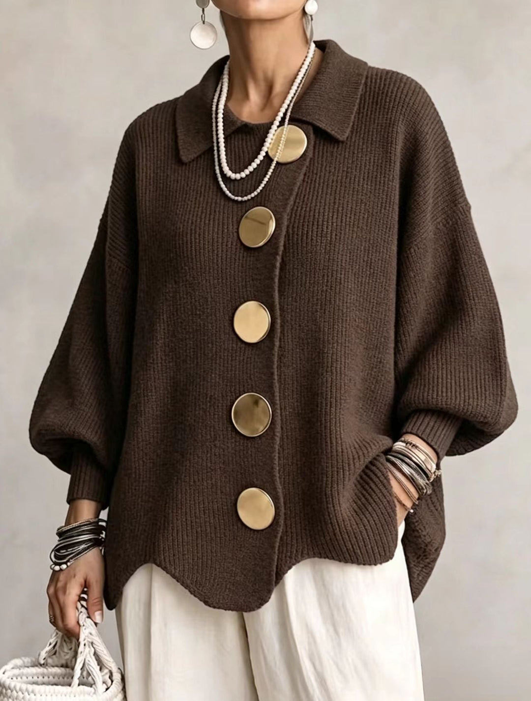 Oversized Collared Cardigan with Large Metal Buttons