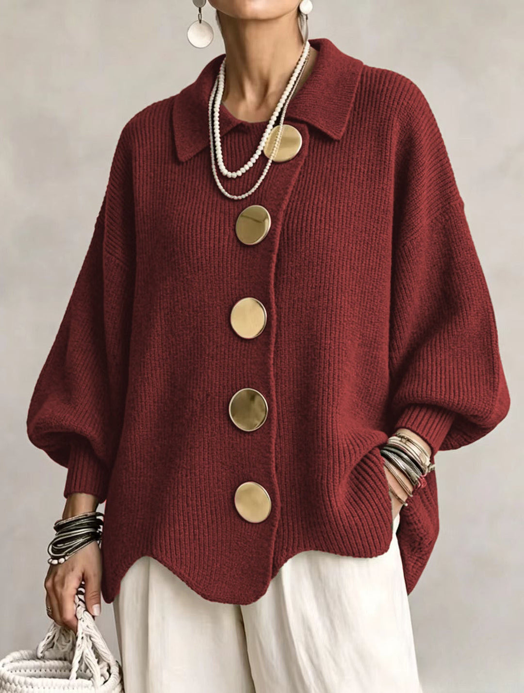Oversized Collared Cardigan with Large Metal Buttons