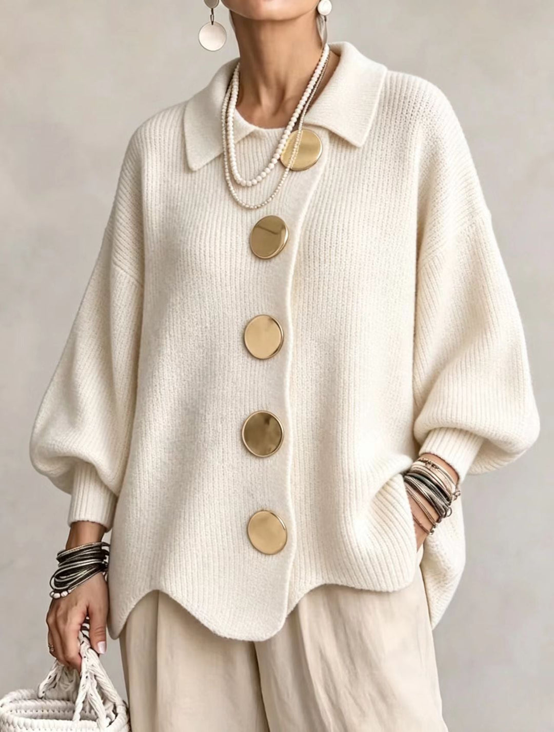 Oversized Collared Cardigan with Large Metal Buttons