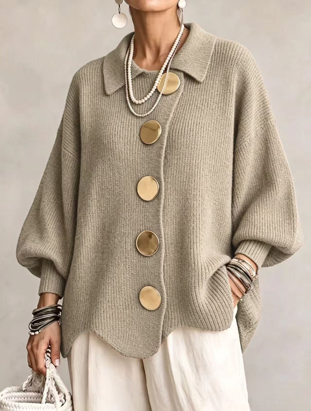 Oversized Collared Cardigan with Large Metal Buttons