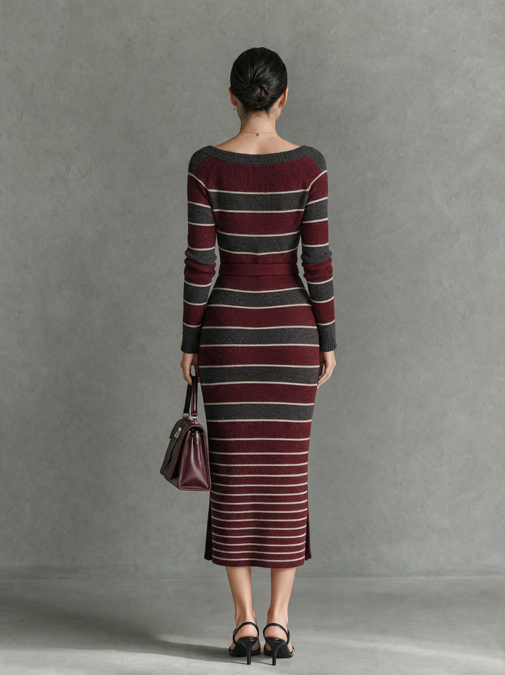 Women's Vintage Striped Boat-Neck Slim-Fit Sweater Dress MDZ2507H7WY