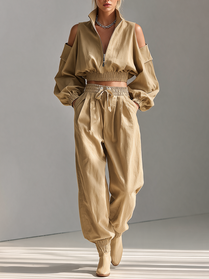 Women's Half-Zip Cold-Shoulder Balloon-Sleeve Cropped Top And Drawstring Cuffed Pants Two-Piece Set MDZ2611H8CMX