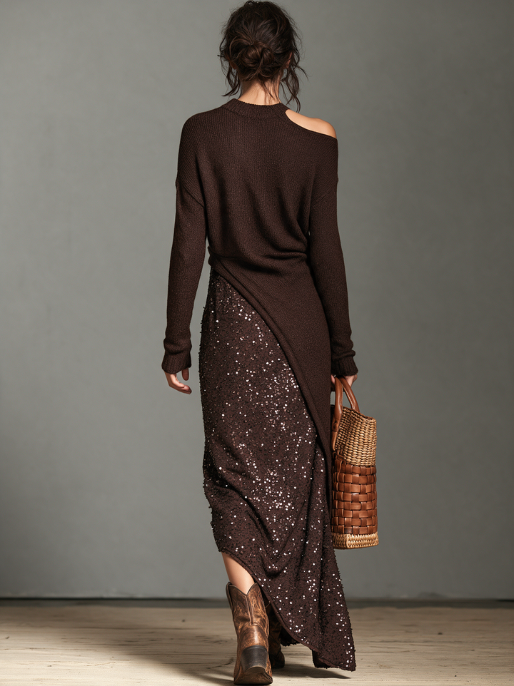 Women's Vintage-Style Knit-and-Sequin Maxi Dress With Side Slit MDZ2883H6WY