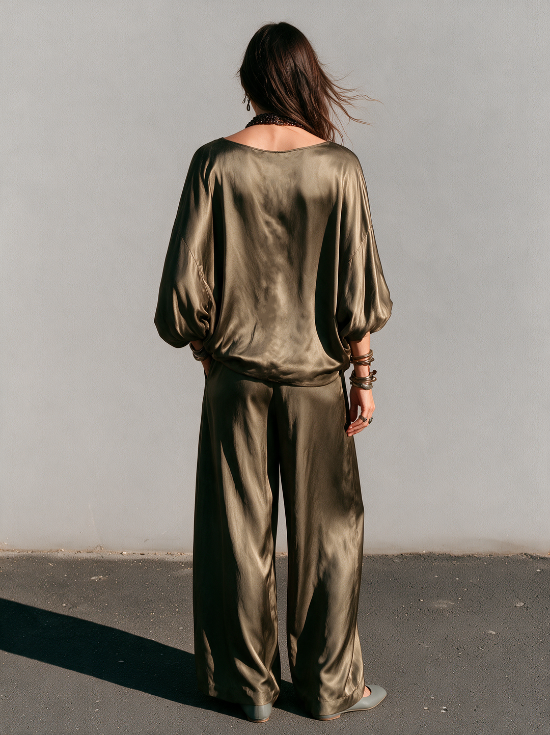 Women's Casual Olive Green Satin Long-Sleeve Top And Trousers Two-Piece Set MDZ0144I4LXY