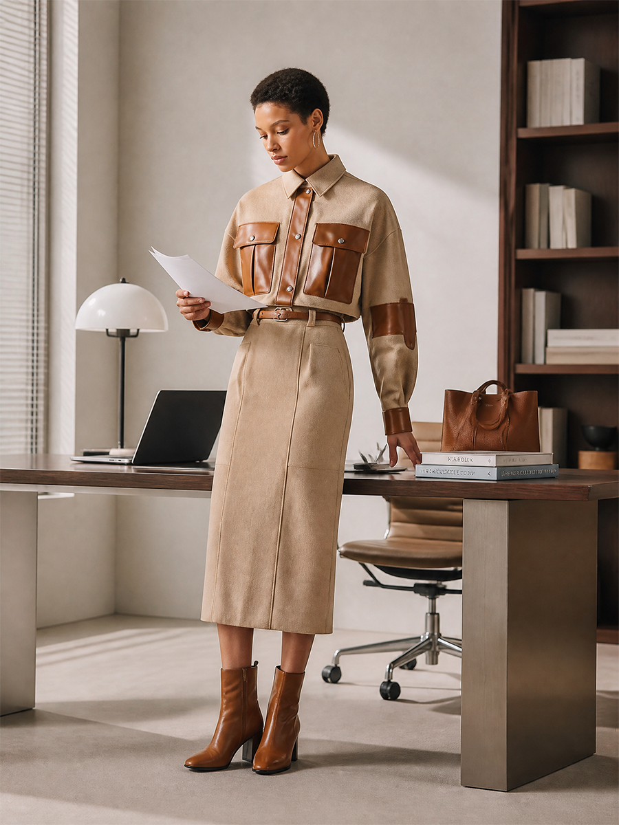 Women's Collared Leather-Panel Single-Breasted Drop-Shoulder Long-Sleeve Cropped Jacket And High-Waisted Skirt Set MDZ3137H8CMX