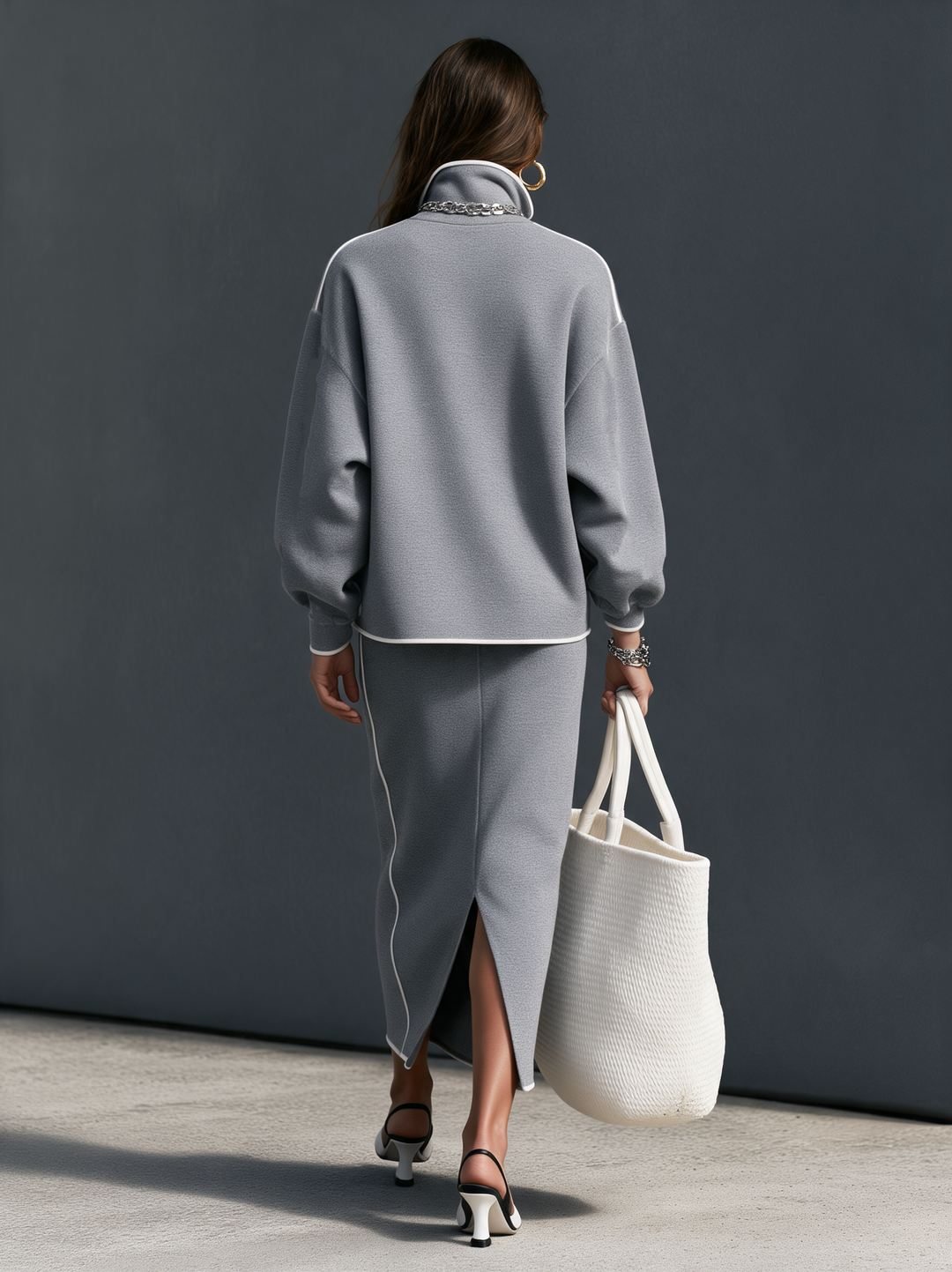 Women's Casual Grey Scuba-Knit Long-Sleeve Top And Skirt Two-Piece Set MDZ0832I3LXY