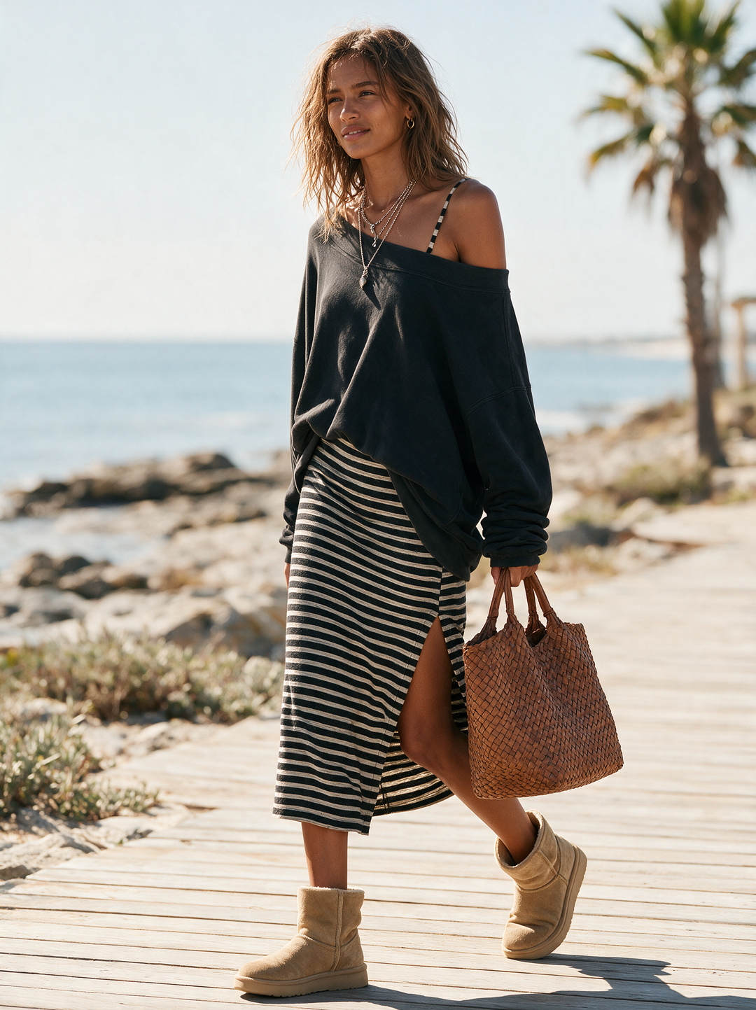 Women's Vintage-Wash Sweatshirt & Striped Midi Slip Dress Set MDZ2558H9WY