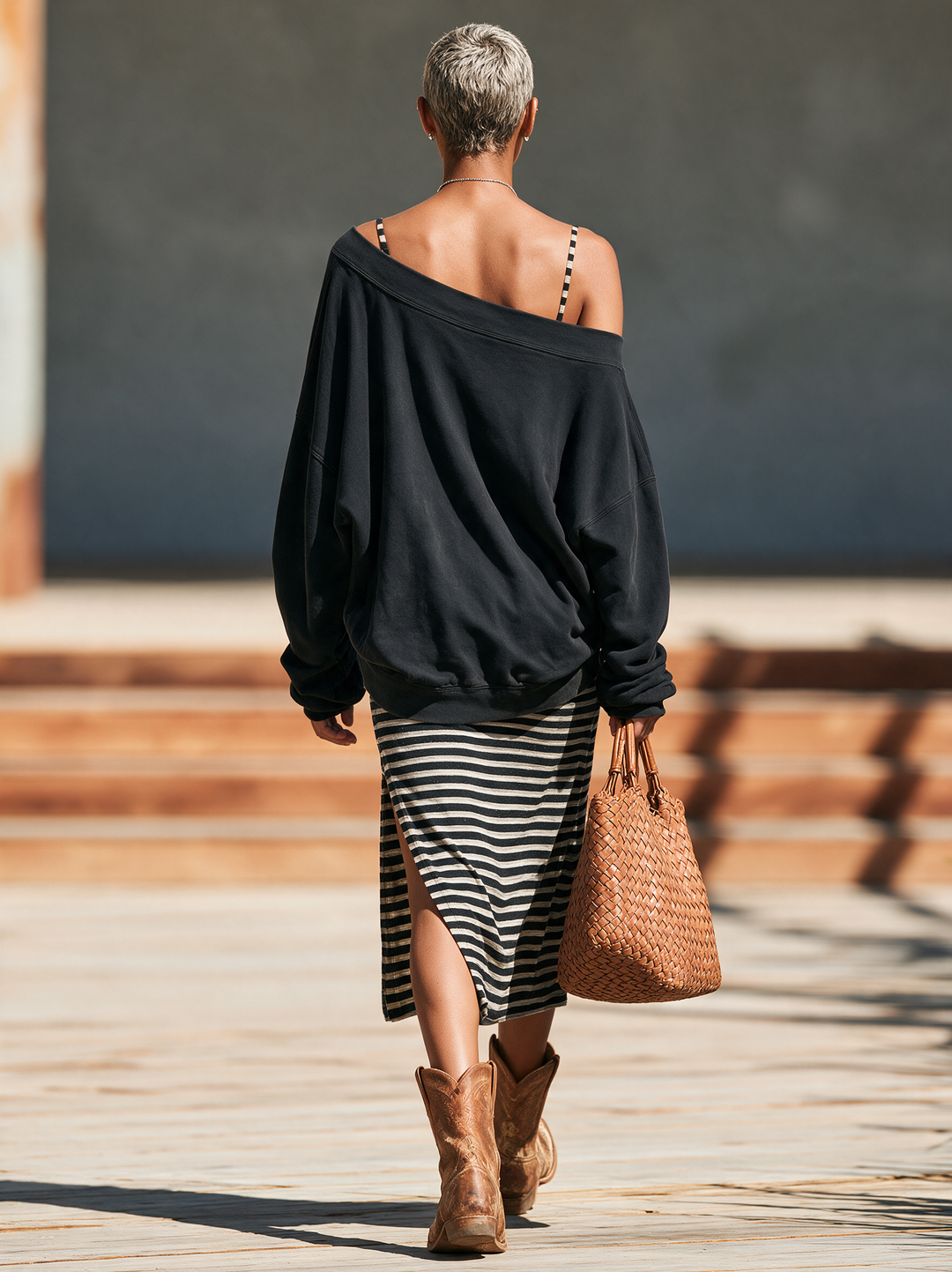 Women's Vintage-Wash Sweatshirt & Striped Midi Slip Dress Set MDZ2558H9WY
