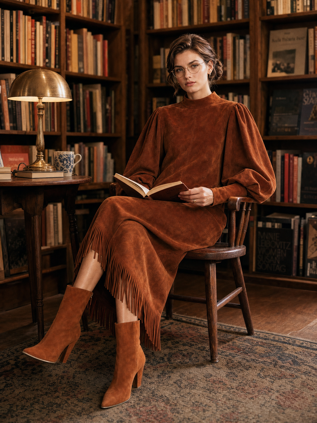 Women's Puff Sleeve Fringe Hem Brown Midi Dress MDZ0361I3YZJ
