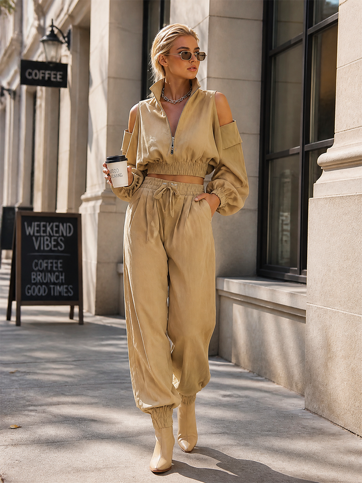Women's Half-Zip Cold-Shoulder Balloon-Sleeve Cropped Top And Drawstring Cuffed Pants Two-Piece Set MDZ2611H8CMX