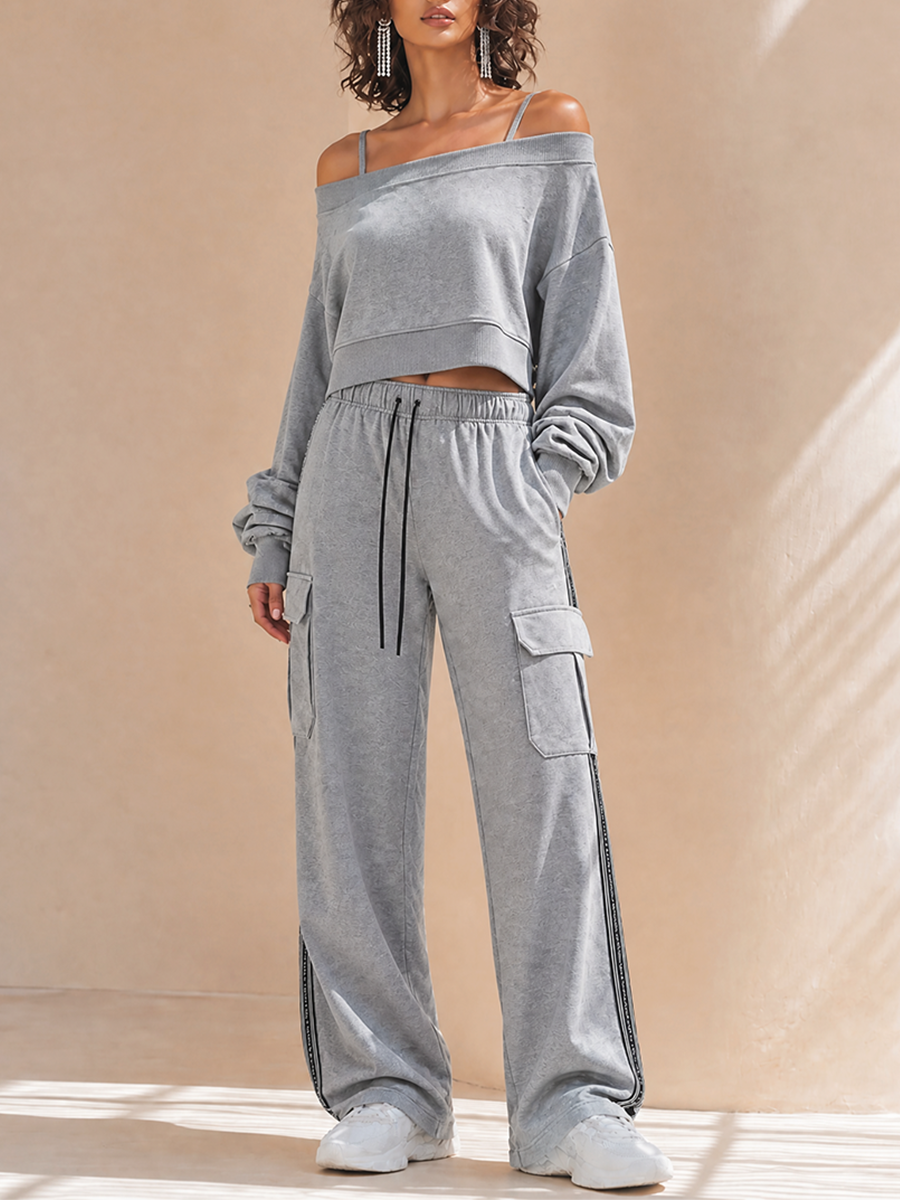 Conjunto de sudadera corta de manga larga con hombros caídos y hombros descubiertos, y pantalón cargo de pierna ancha con cordón, para mujer MDZ2080H0CMX