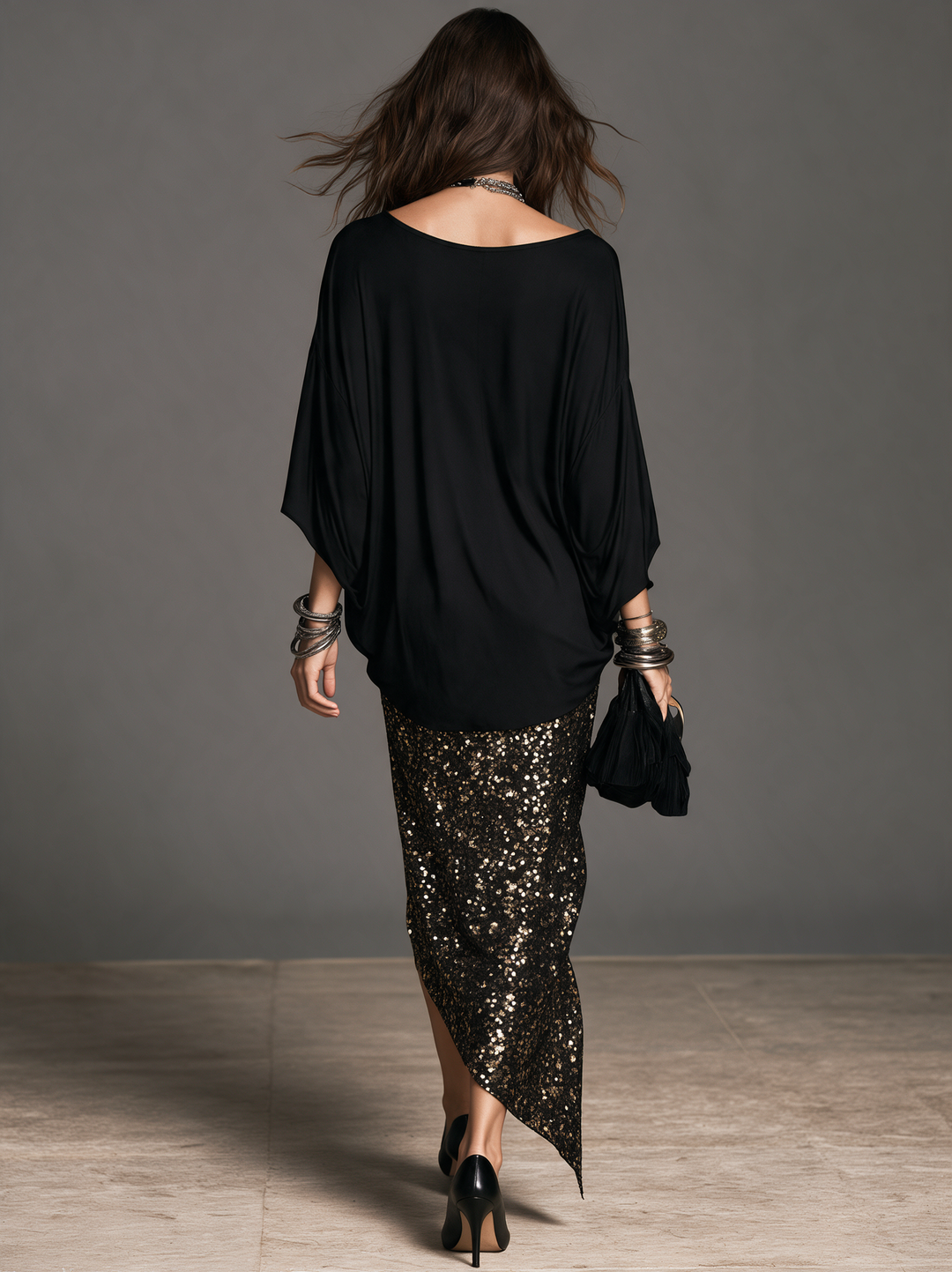 Women's Elegant Black Satin Top And A Black-And-Gold Sequin Skirt Two-Piece Set MDZ0432I8LXY