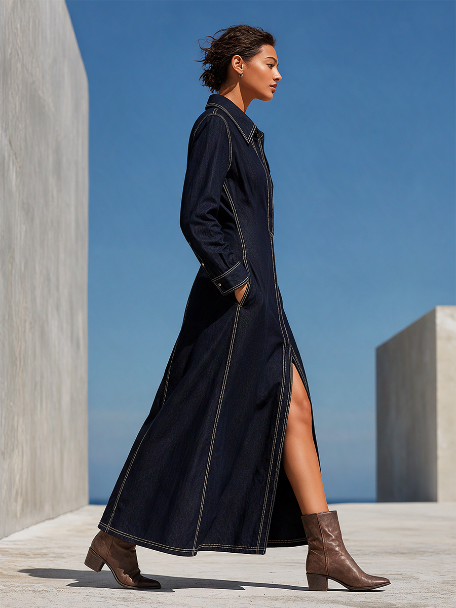 Women’s Contrast‑Stitch Split Long Sleeve Dress MDZ0760I0LYL