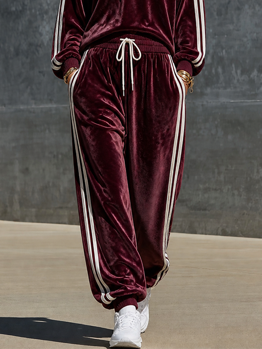Women's Velvet Hoodie & Jogger Pants Set with Side Stripes