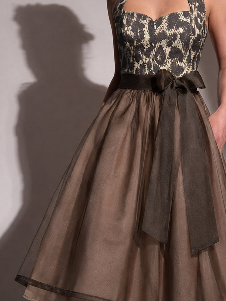 Women's Two-Piece Dress with Bow in Leopard Print and Solid Color