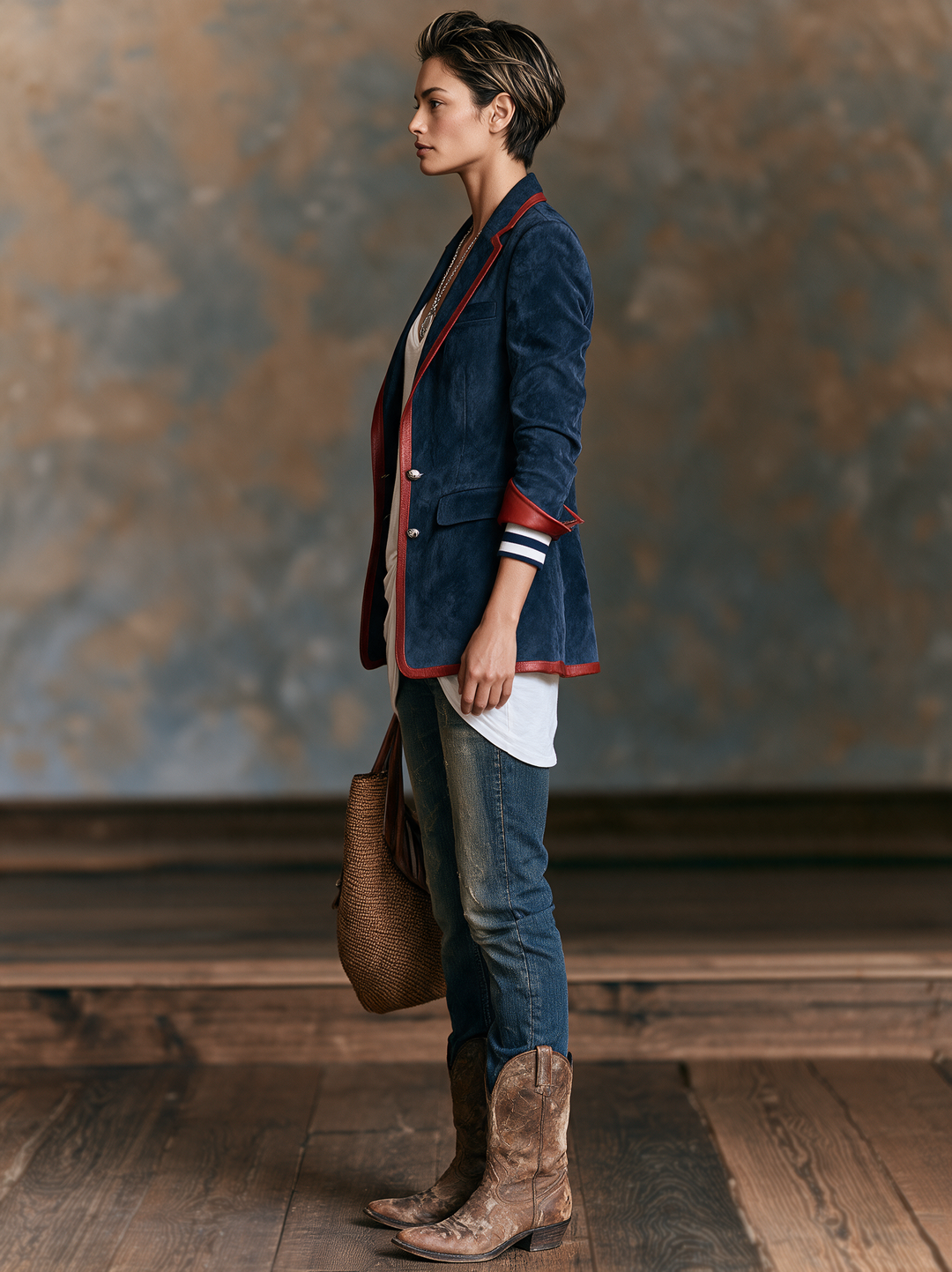 Americana de ante sintético de estilo vintage para mujer con ribete de piel roja MDZ2570H7WY