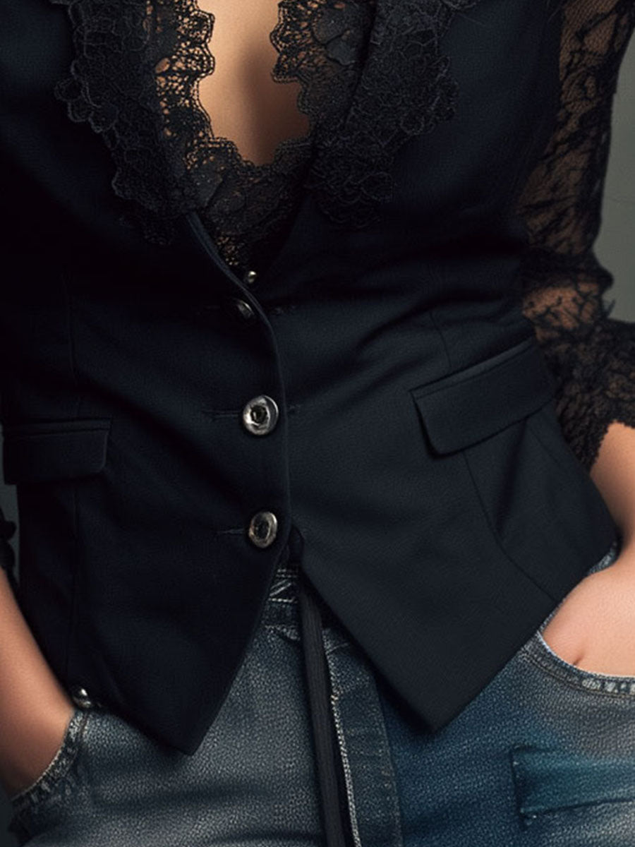 Black Blazer Top with Semi-Sheer Sleeves