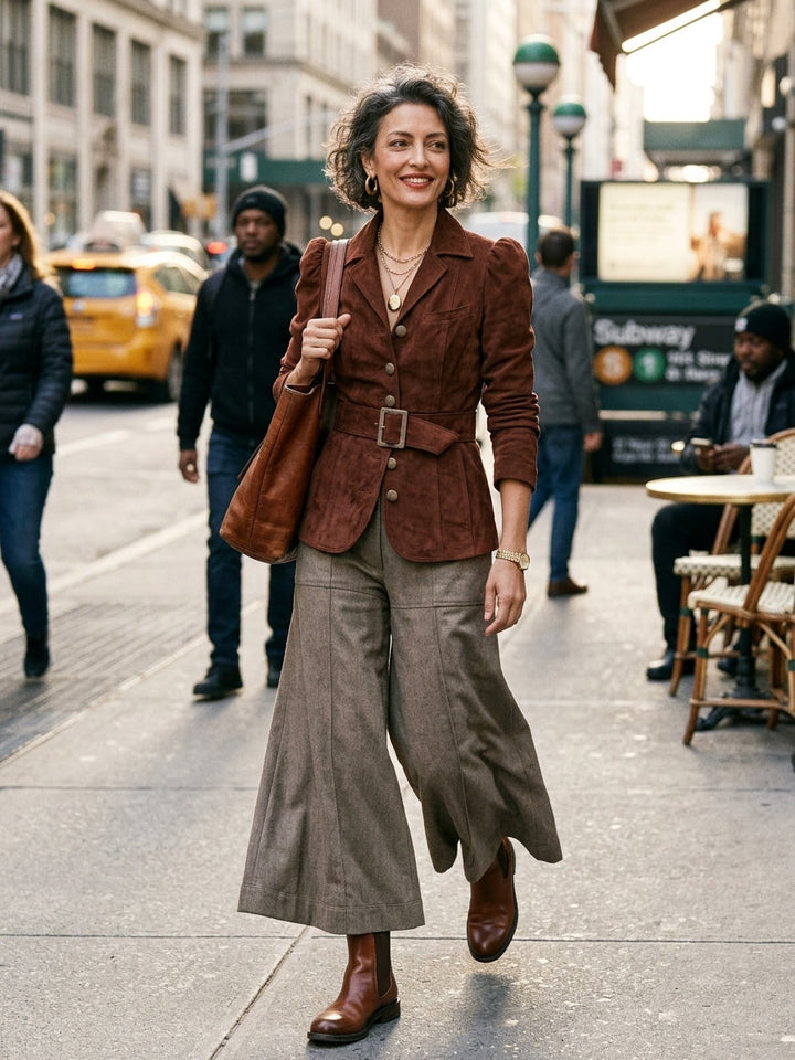 Women's Vintage Single-Breasted Belted Suede Blazer