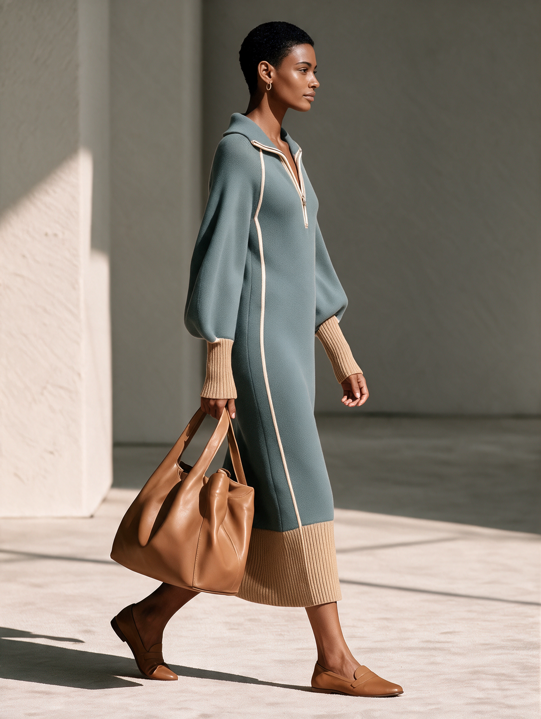 Maxivestido de punto de lana con cuello, media cremallera, ribete en contraste y mangas abullonadas, en color gris-azulado para mujer