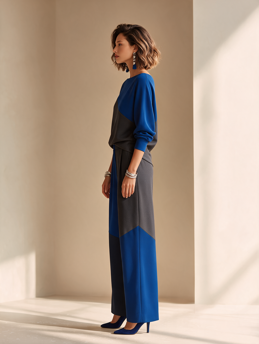 Women's Elegant Colorblock Boat-Neck Dropped-Shoulder Long-Sleeve Top & High-Waisted Wide-Leg Trouser Set MDZ1212H5CMX
