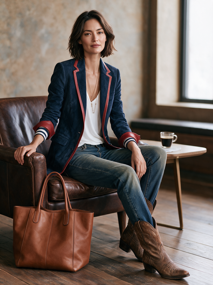 Americana de ante sintético de estilo vintage para mujer con ribete de piel roja MDZ2570H7WY