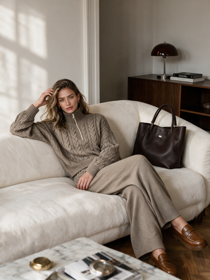 Women's Taupe Half-Zip Turtleneck Cable Knit Top