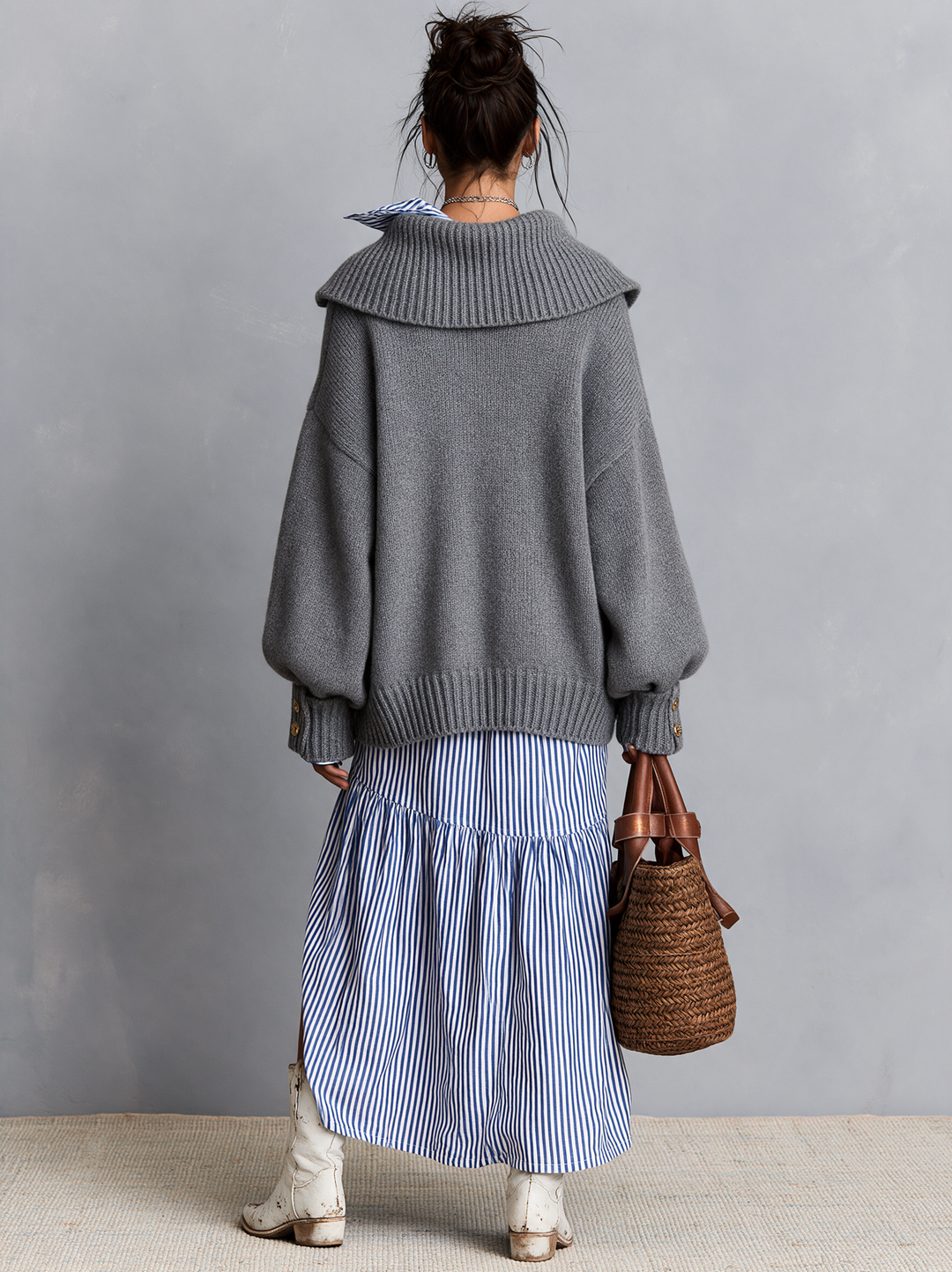 Women's Vintage Zip-Collar Sweater And Striped Maxi Dress Set MDZ2881H0WY