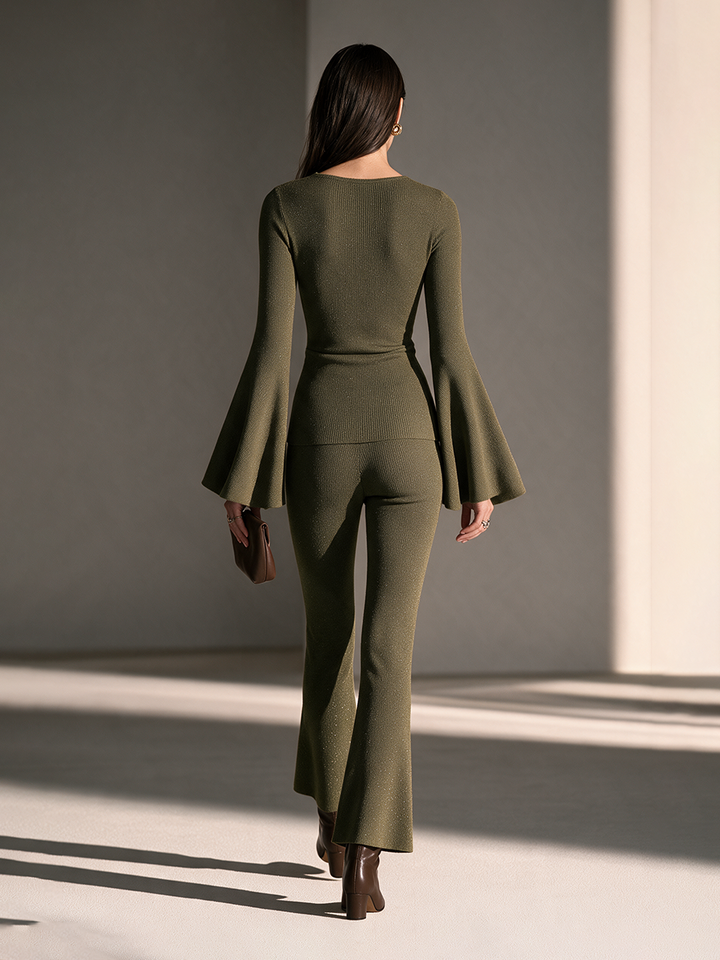 Women's Round-Neck Keyhole Flare-Sleeve Slim Top And Flare Pants Set MDZ2837H3CMX