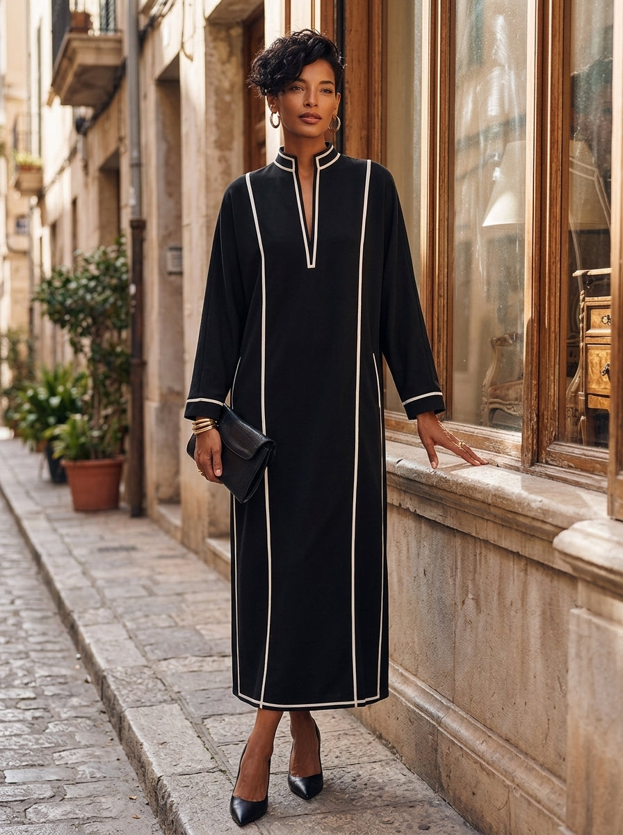 Vestido largo de mezcla de algodón para mujer con cuello alto y ribetes en contraste MDZ0214I2ZRK