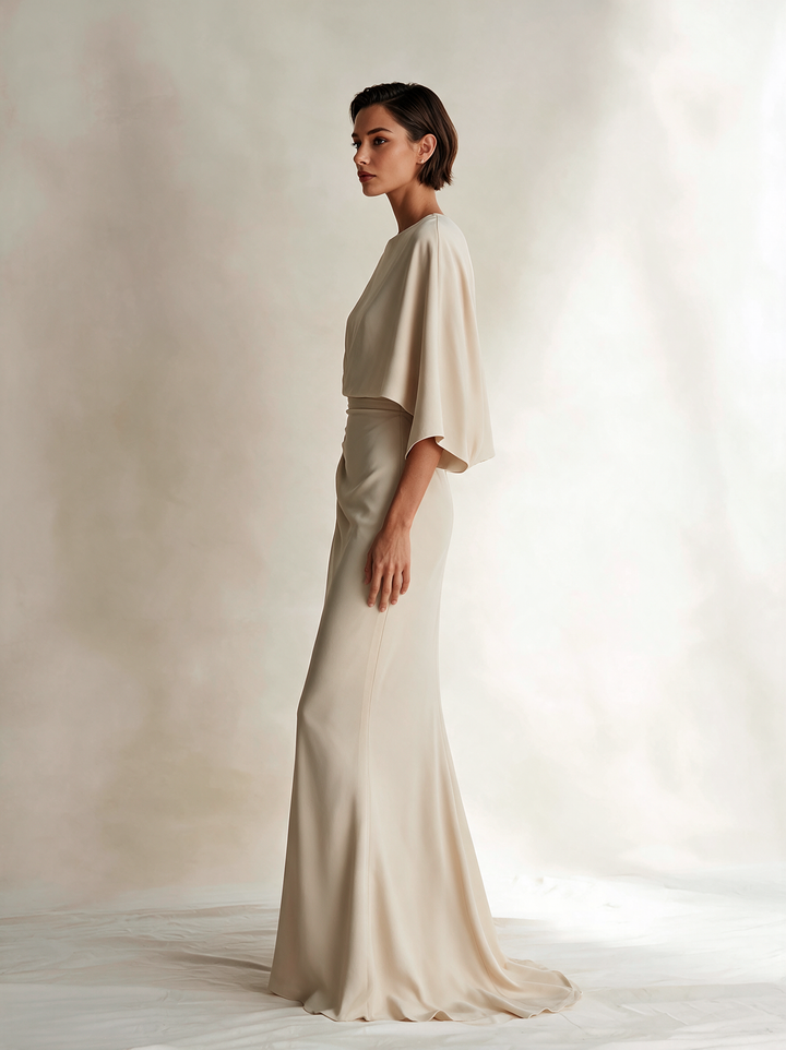 Women's Off‑White Cape Draped Mermaid Evening Gown MDZ0321I6R