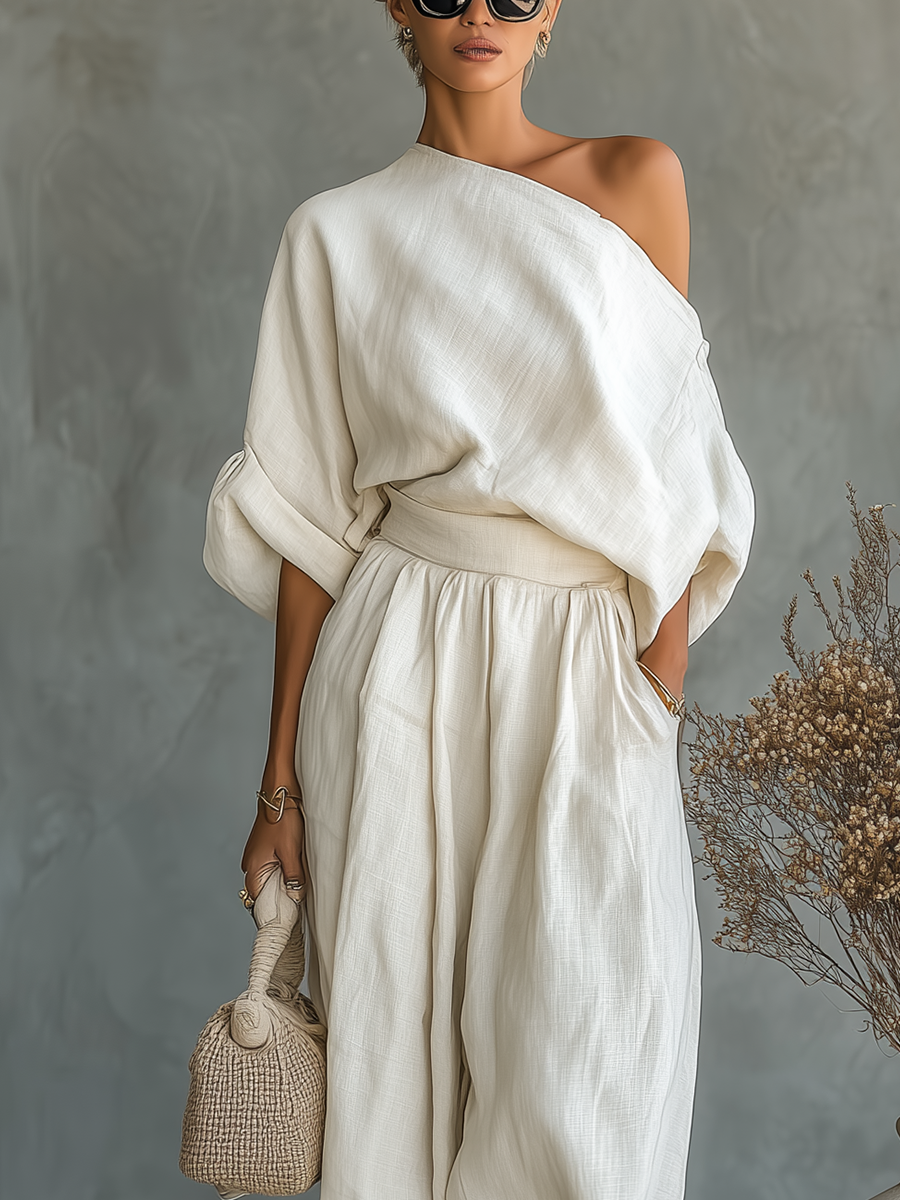Conjunto de top holgado con hombros descubiertos y pantalón cónico de lino blanco roto para mujer MDA2770K8T