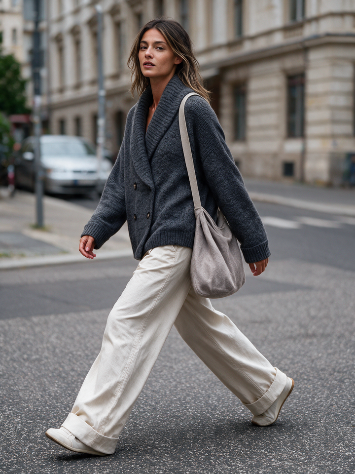 Women's Shawl Collar Double‑Breasted Knit Cardigan & Wide‑Leg Trousers Set