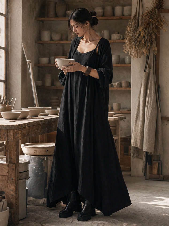 Vestido maxi de lino fluido falso de dos piezas para vacaciones MDZ0365I7LYL