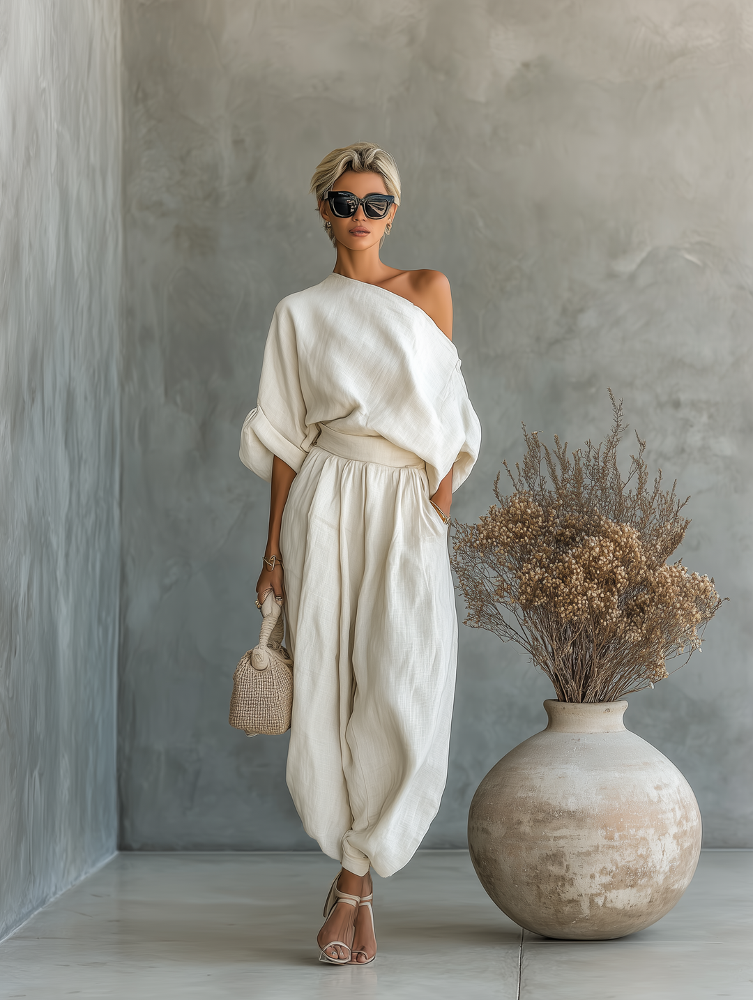 Conjunto de top holgado con hombros descubiertos y pantalón cónico de lino blanco roto para mujer MDA2770K8T