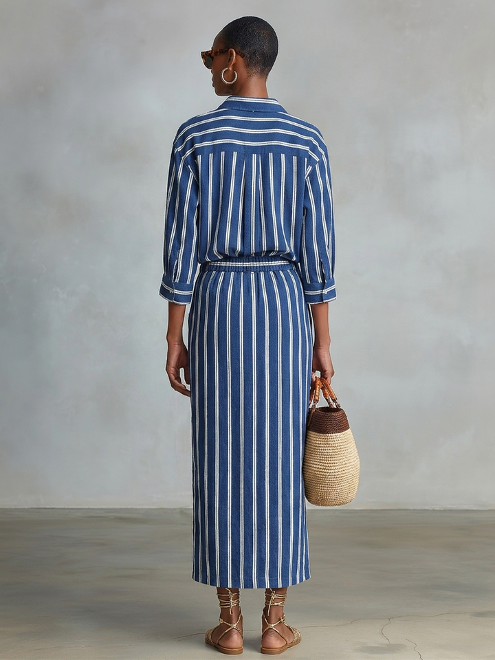 Women's Royal Blue White Stripe Cotton-Blend Co-Ord With Button Front Blouse & Elastic Waist Straight Maxi Skirt, Effortless-Chic Summer Daily Outfit MDZ2304F8LYL