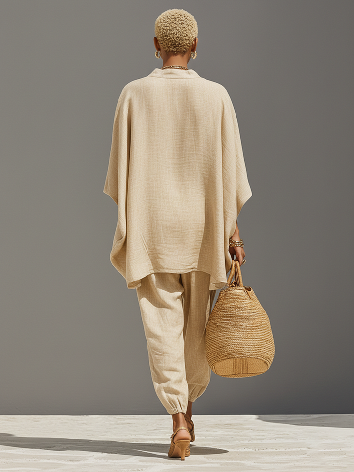 Conjunto de lino neutro para mujer con bajo asimétrico y diseño minimalista, conjunto de estilo sofisticado para uso diario-casual MDZ0501B3I