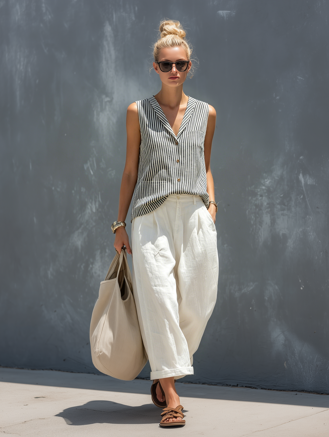Conjunto de chaleco sin mangas tejido a rayas casual para mujer, combinado con pantalón de algodón y lino blanco MDZ2815B5AN