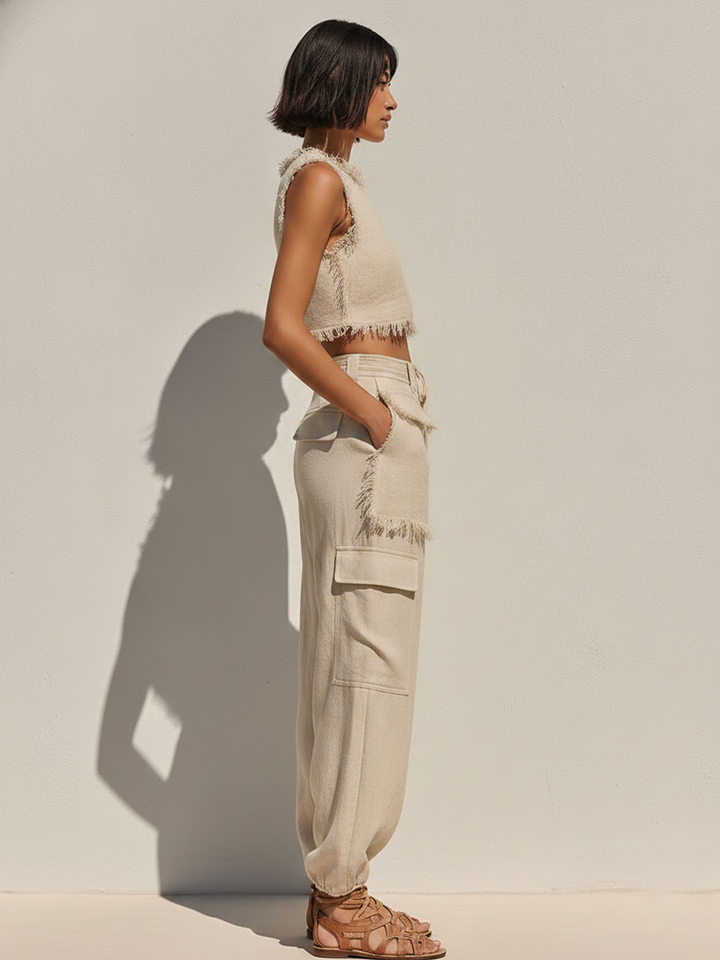 Women's Beige Linen-Blend Two-Piece Set With Frayed Crop Tank & Cargo Joggers, Timeless Casual Summer Outfit MDZ2979E8LYL