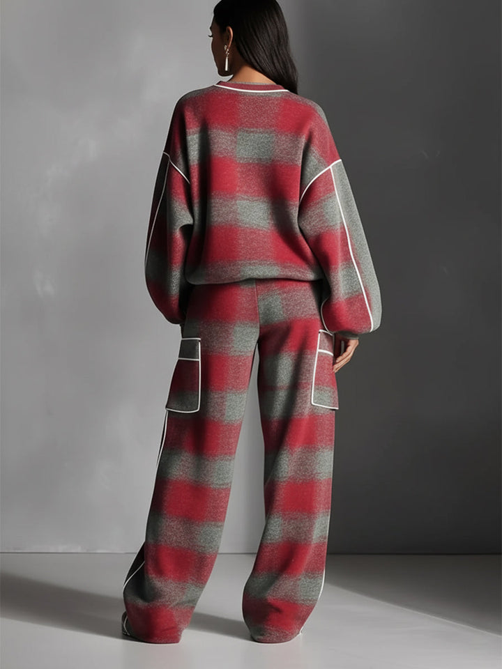 Women's Red And Gray Plaid Brushed Distressed Street Style Color-Blocked Piping Pantsuit Set MDA1065K4I